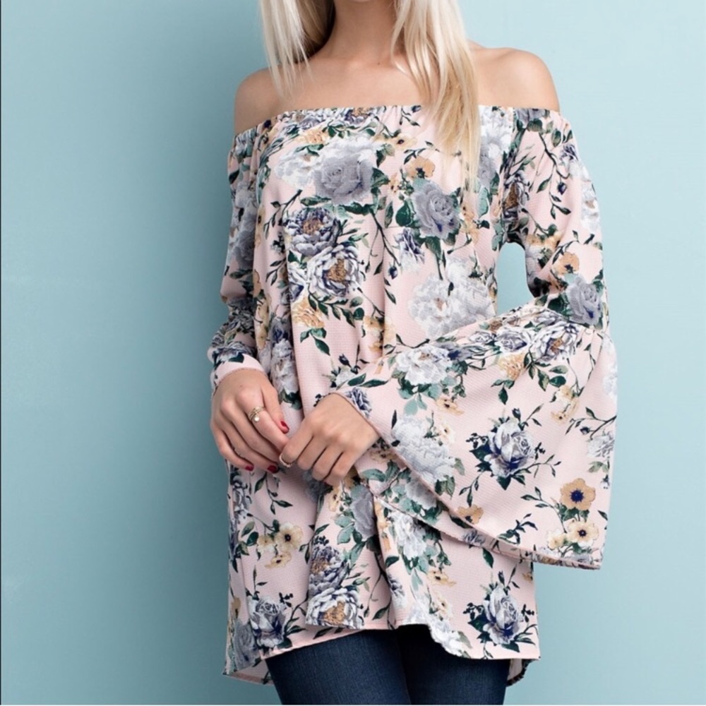π¨ SALE! Blush Floral Off Shoulder Bell Sleeve Top - Picture 3 of 4